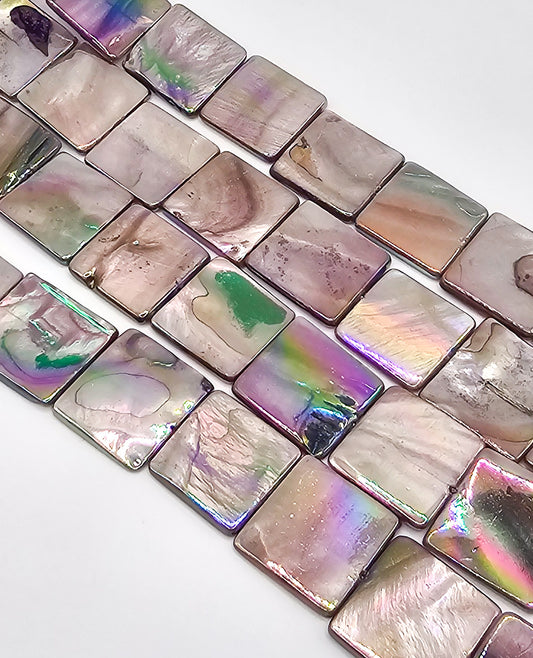 Mystic AB Coated Tan Mother of Pearl Square Beads – Full 16" Strand