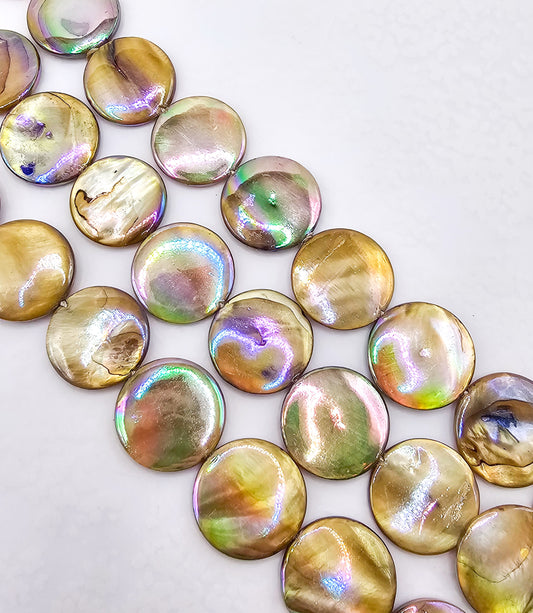 Coin Light Tan AB Mother Of Pearl Beads – 16" Strand